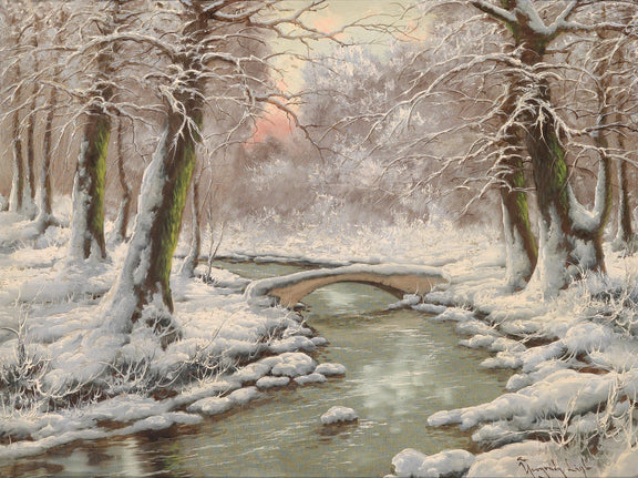 Snowy Forest Stream with Stone Bridge – Landscape Oil Painting - Oil Painting Haven