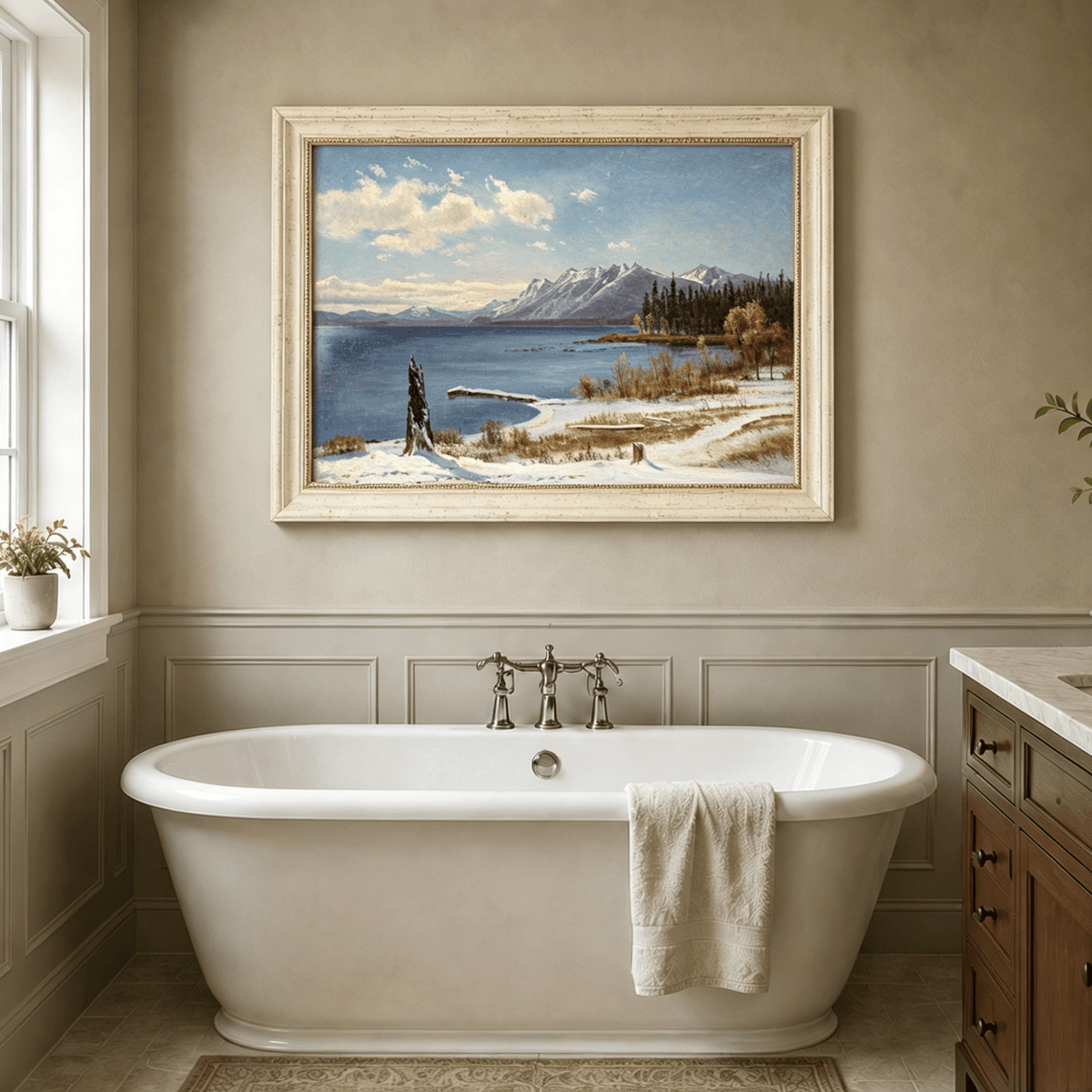 Framed hand-painted snowy lake oil painting with a winter path and distant mountain view displayed above a freestanding bathtub.