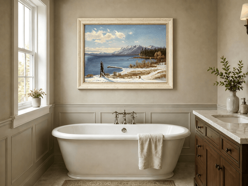 Framed hand-painted snowy lake oil painting with a winter path and distant mountain view displayed above a freestanding bathtub.
