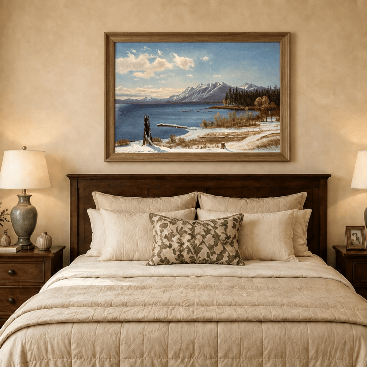 Framed hand-painted snowy lake oil painting with a winter path and distant mountain view displayed above a wooden bed in a neutral bedroom.