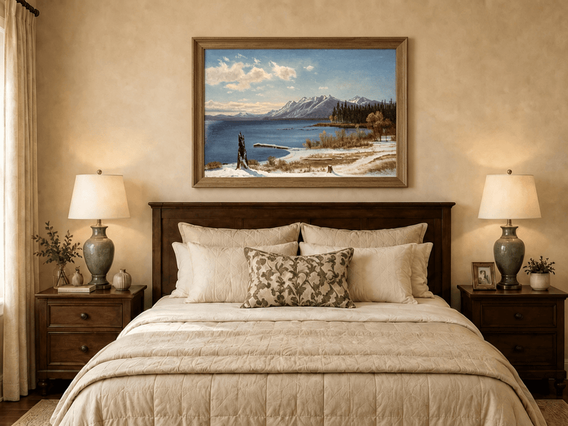 Framed hand-painted snowy lake oil painting with a winter path and distant mountain view displayed above a wooden bed in a neutral bedroom.