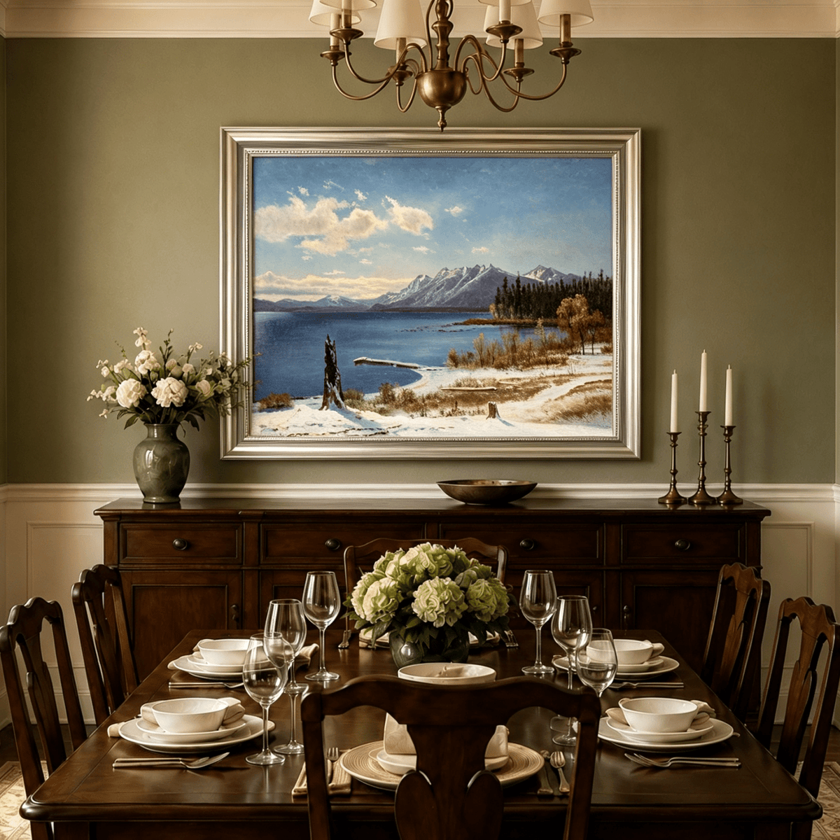 Framed hand-painted snowy lake oil painting with a winter path and distant mountain view displayed above a formal dining table.