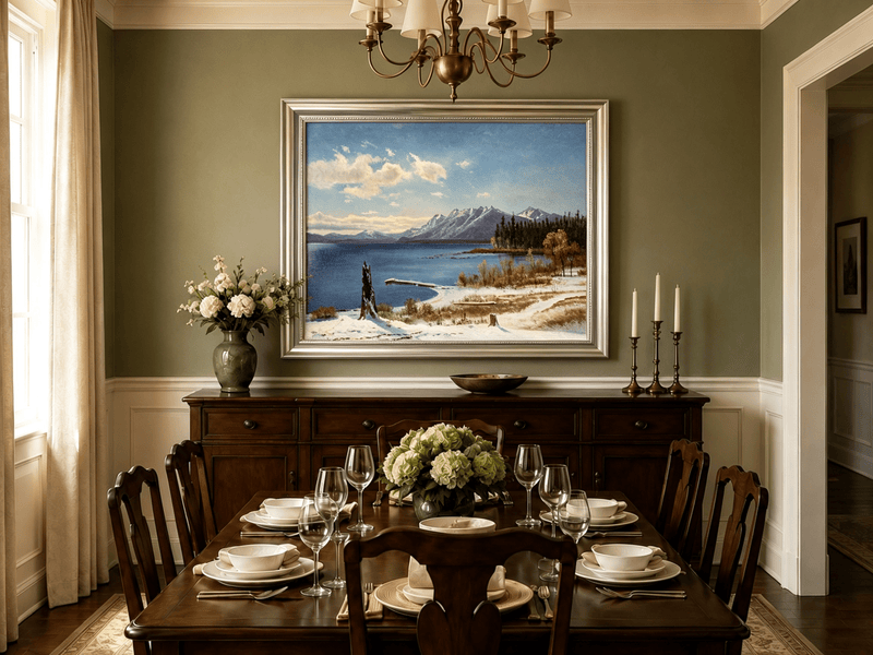 Framed hand-painted snowy lake oil painting with a winter path and distant mountain view displayed above a formal dining table.