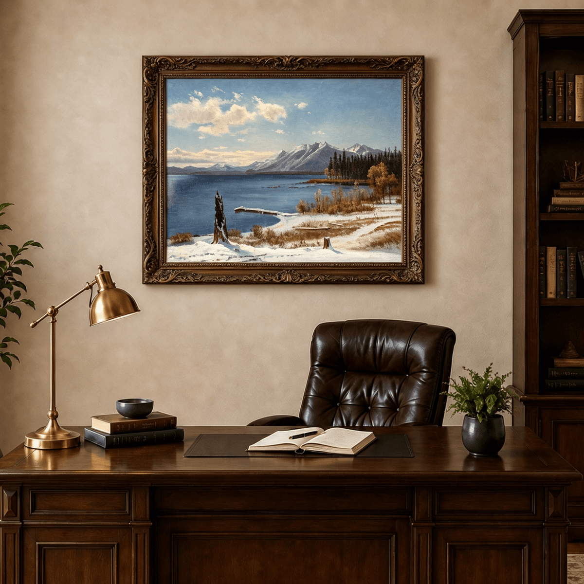 Framed hand-painted snowy lake oil painting with a winter path and distant mountain view displayed above a traditional home office desk.