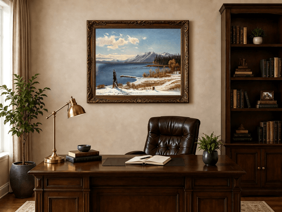 Framed hand-painted snowy lake oil painting with a winter path and distant mountain view displayed above a traditional home office desk.