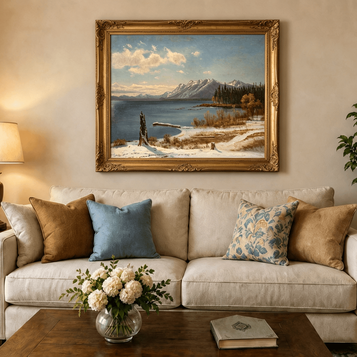 Framed hand-painted snowy lake oil painting with a winter path and distant mountain view displayed above a neutral living room sofa.