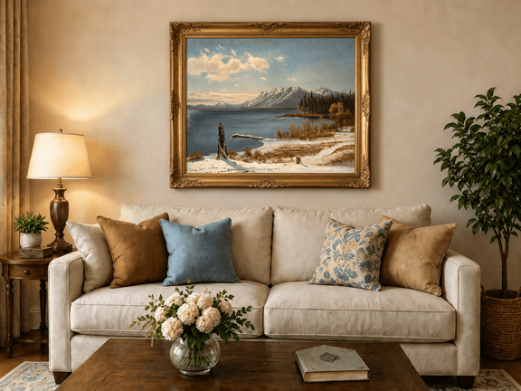 Framed hand-painted snowy lake oil painting with a winter path and distant mountain view displayed above a neutral living room sofa.