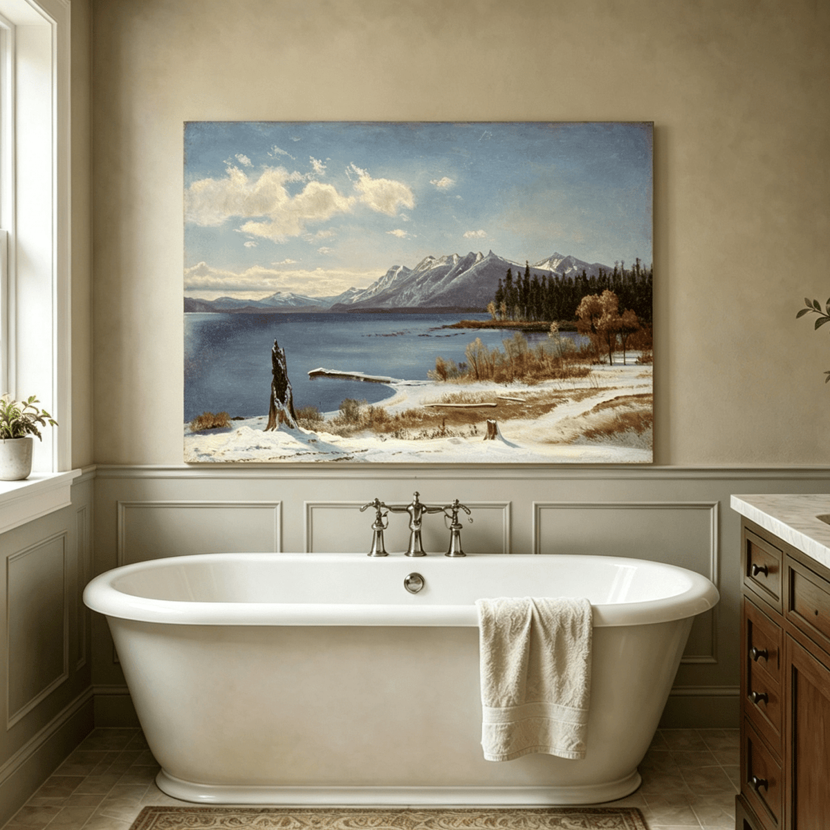 Unframed hand-painted snowy lake oil painting with a winter path and distant mountain view displayed above a freestanding bathtub.