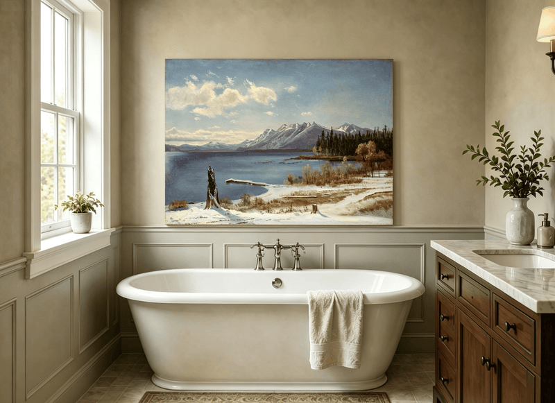 Unframed hand-painted snowy lake oil painting with a winter path and distant mountain view displayed above a freestanding bathtub.