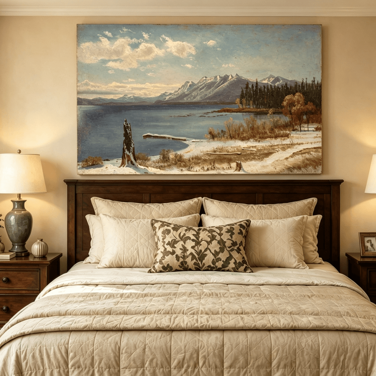 Unframed hand-painted snowy lake oil painting with a winter path and distant mountain view displayed above a wooden bed in a neutral bedroom.