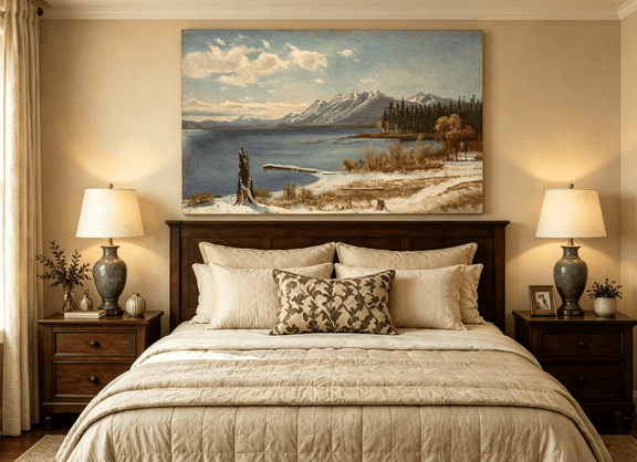 Unframed hand-painted snowy lake oil painting with a winter path and distant mountain view displayed above a wooden bed in a neutral bedroom.