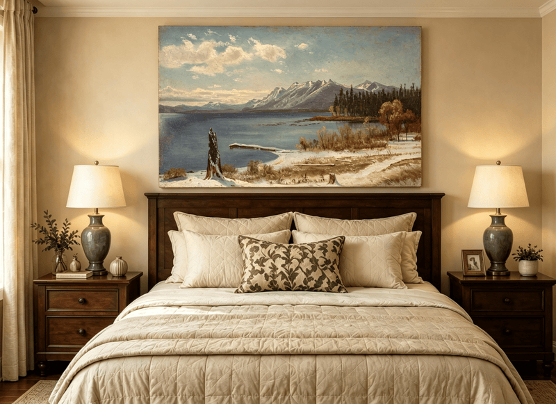 Unframed hand-painted snowy lake oil painting with a winter path and distant mountain view displayed above a wooden bed in a neutral bedroom.