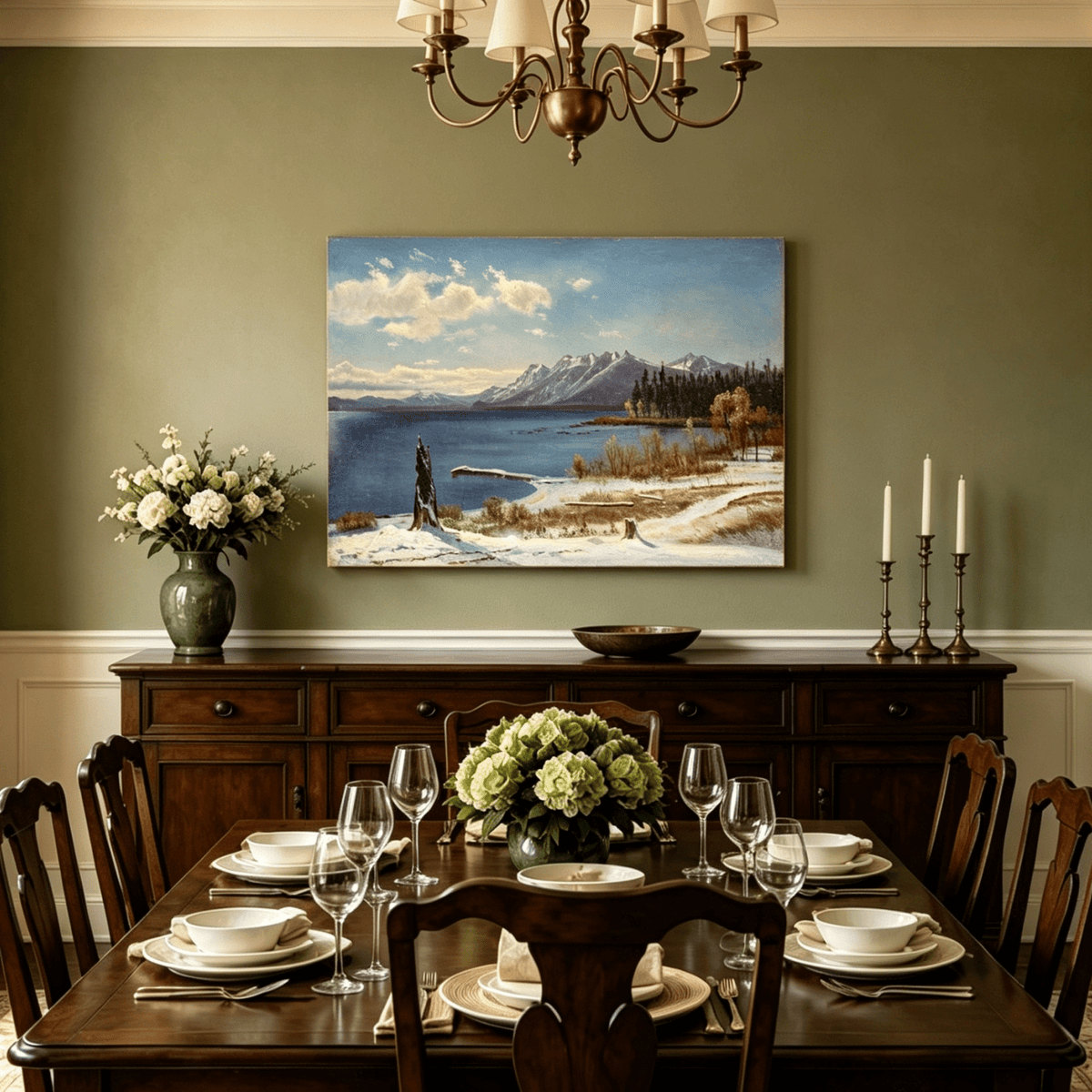 Unframed hand-painted snowy lake oil painting with a winter path and distant mountain view displayed above a formal dining table.