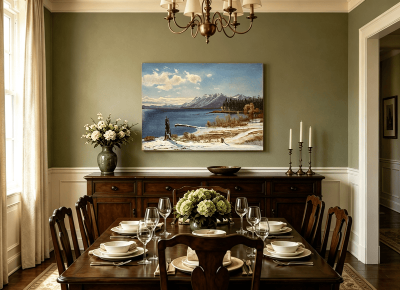 Unframed hand-painted snowy lake oil painting with a winter path and distant mountain view displayed above a formal dining table.