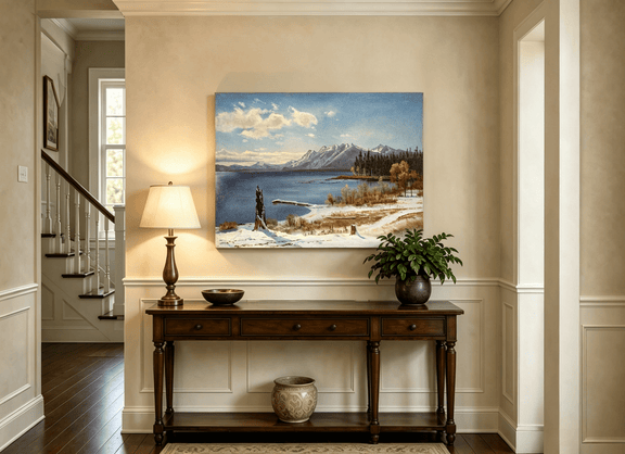 Unframed hand-painted snowy lake oil painting with a winter path and distant mountain view displayed above an entryway console table.