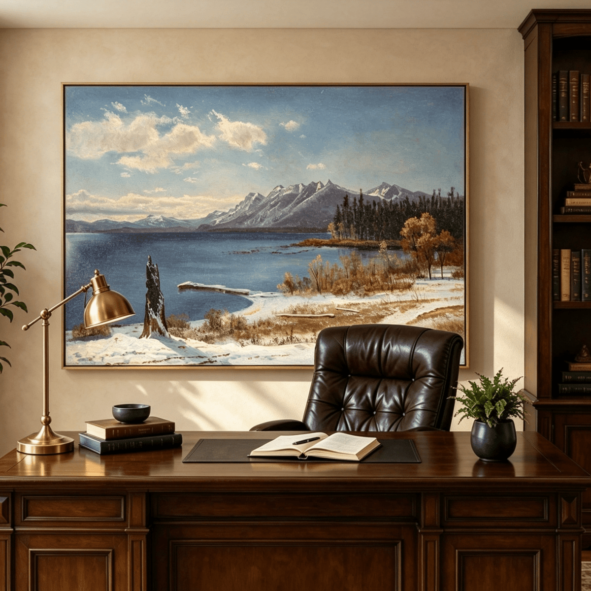 Unframed hand-painted snowy lake oil painting with a winter path and distant mountain view displayed above a traditional home office desk.