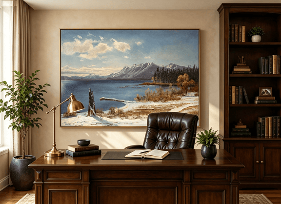 Unframed hand-painted snowy lake oil painting with a winter path and distant mountain view displayed above a traditional home office desk.