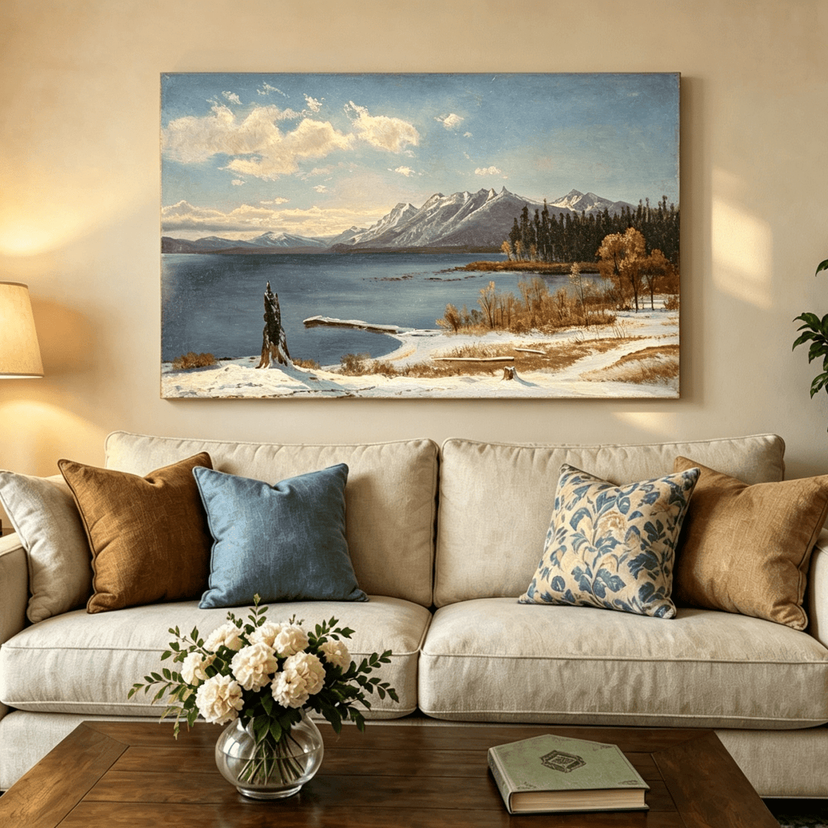 Unframed hand-painted snowy lake oil painting with a winter path and distant mountain view displayed above a neutral living room sofa.
