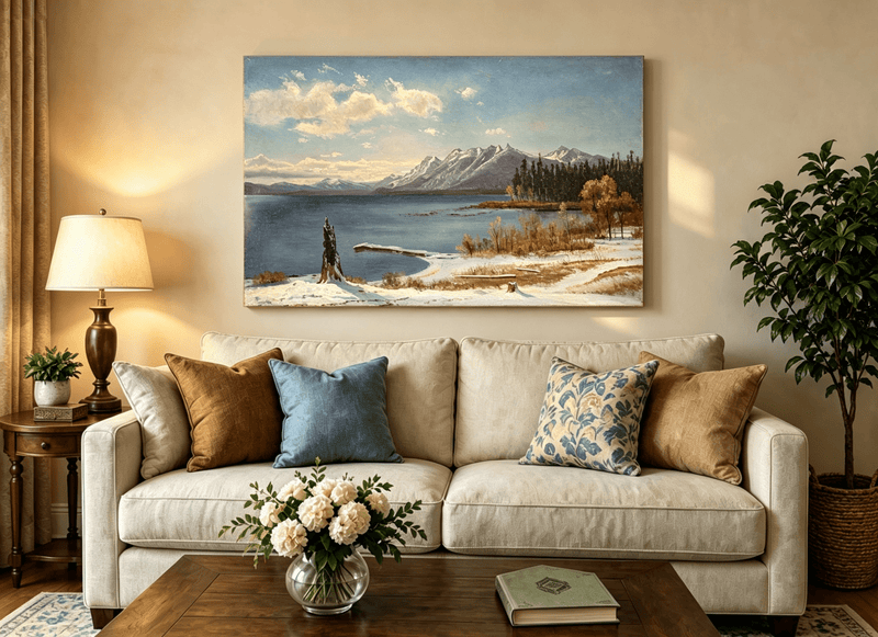 Unframed hand-painted snowy lake oil painting with a winter path and distant mountain view displayed above a neutral living room sofa.