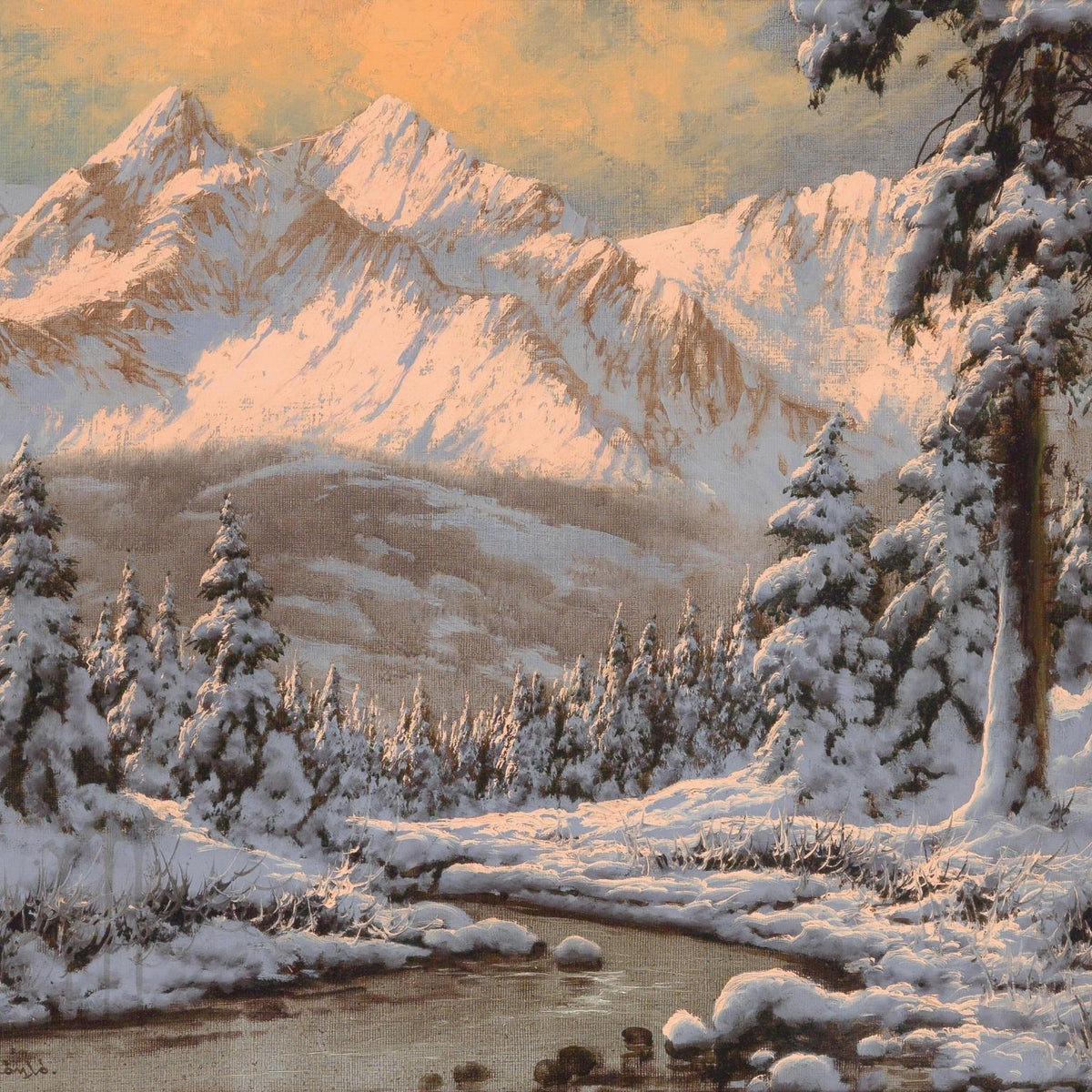 Snowy Mountain Forest at Sunrise – Hand - Painted Landscape Oil Painting - Oil Painting Haven
