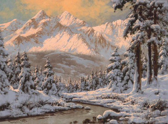 Snowy Mountain Forest at Sunrise – Hand - Painted Landscape Oil Painting - Oil Painting Haven