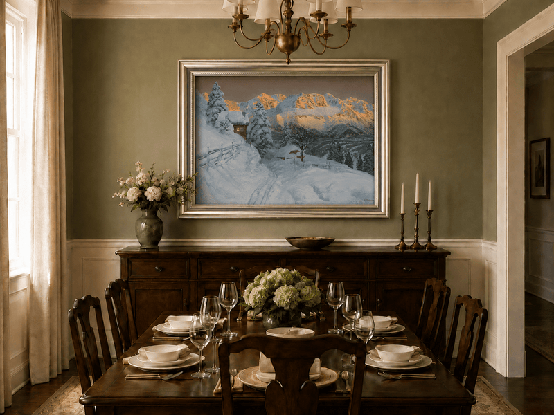 Framed hand-painted winter mountain oil painting with a snowy hut and tracks displayed above a formal dining table.