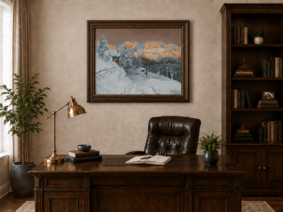 Framed hand-painted winter mountain oil painting with a snowy hut and tracks displayed above a traditional home office desk.