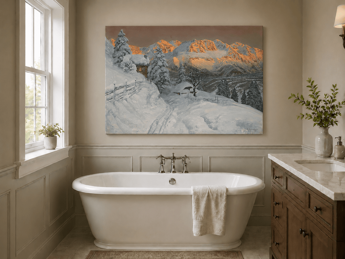 Unframed hand-painted winter mountain oil painting with a snowy hut and tracks displayed above a freestanding bathtub.