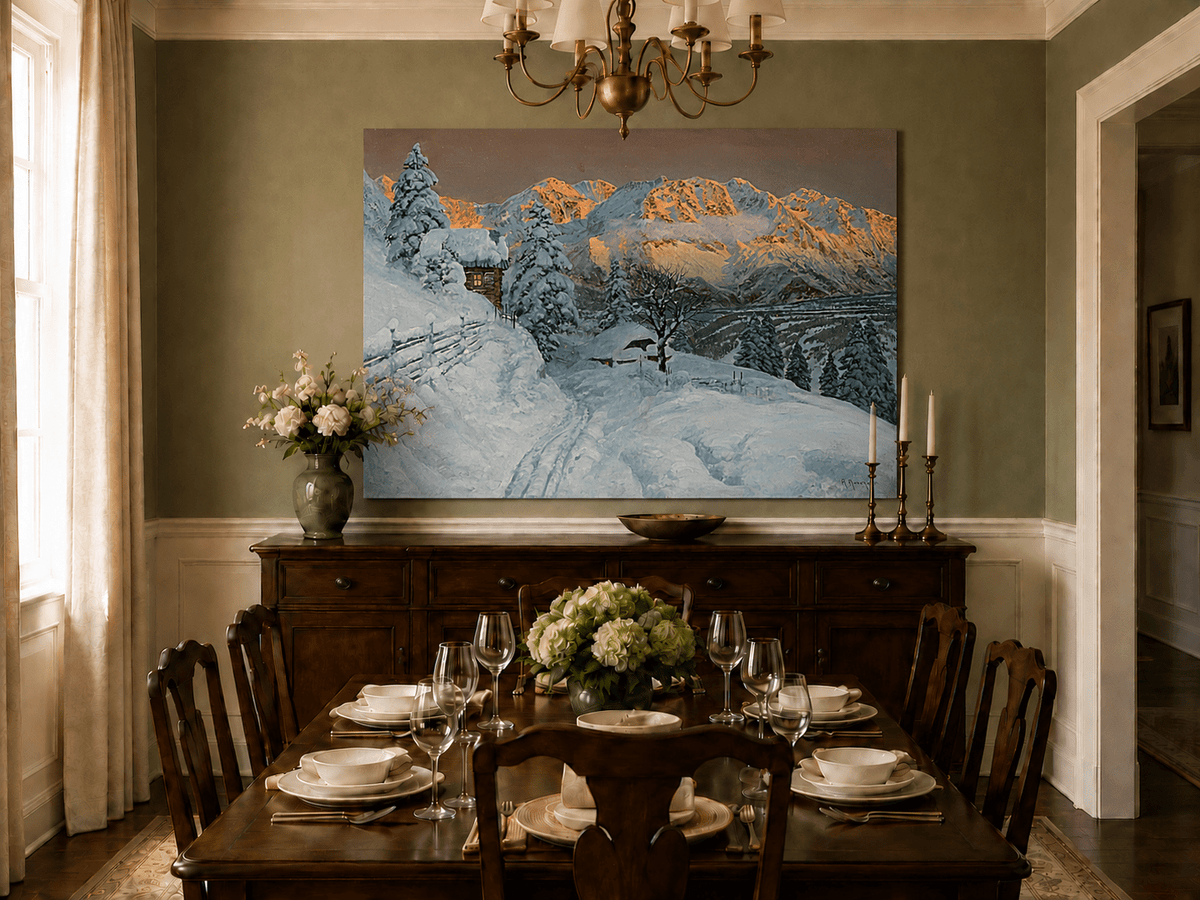 Unframed hand-painted winter mountain oil painting with a snowy hut and tracks displayed above a formal dining table.