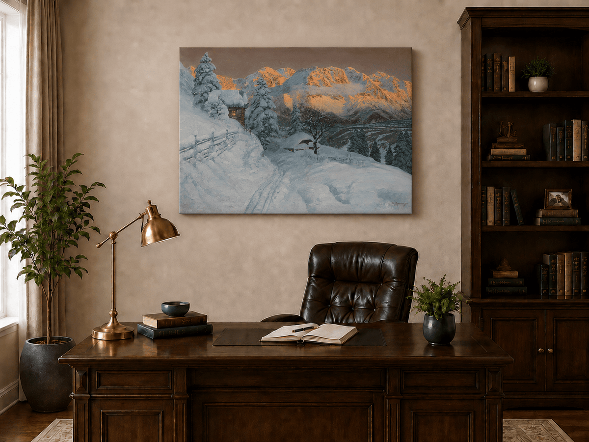 Unframed hand-painted winter mountain oil painting with a snowy hut and tracks displayed above a traditional home office desk.