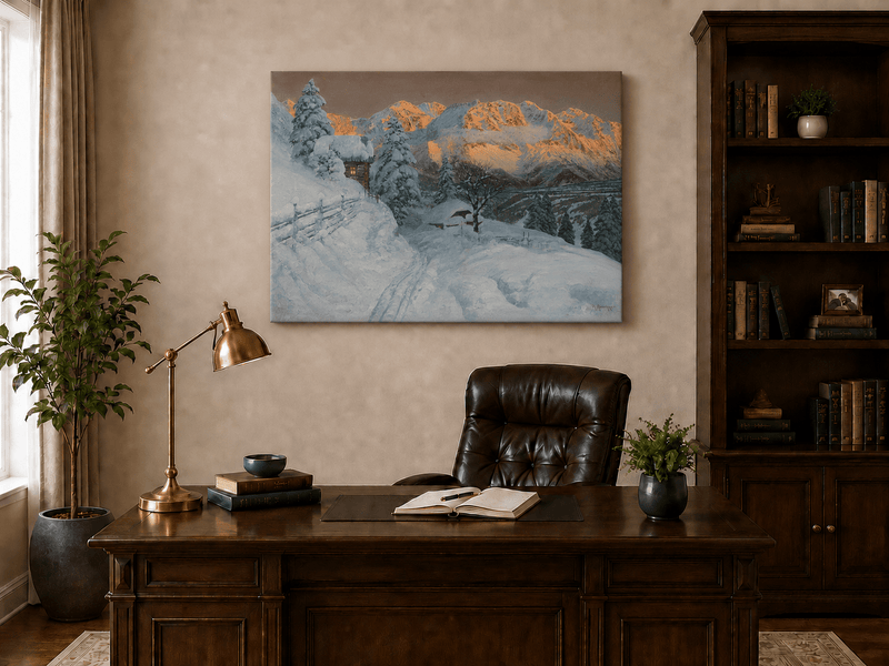 Unframed hand-painted winter mountain oil painting with a snowy hut and tracks displayed above a traditional home office desk.