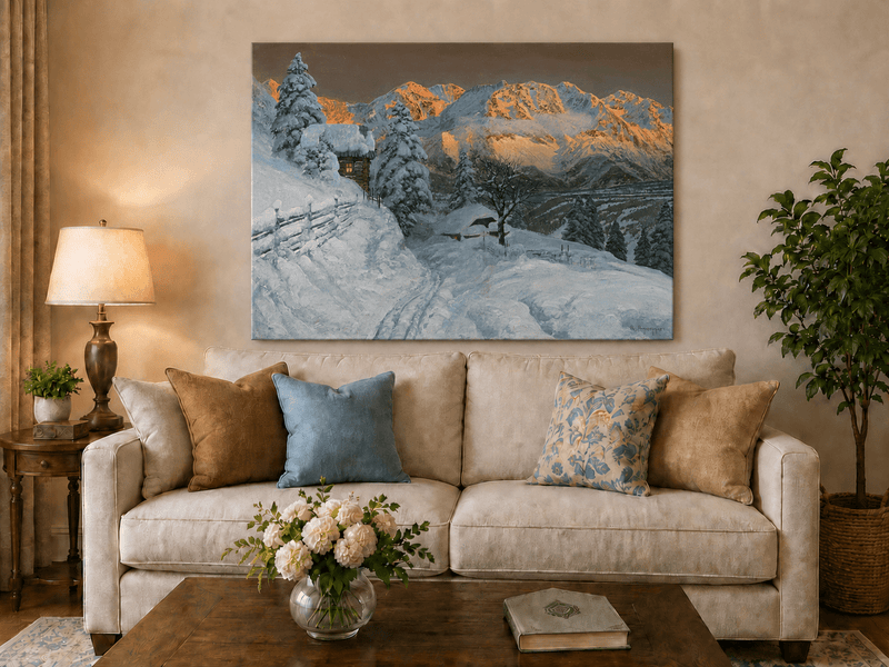 Unframed hand-painted winter mountain oil painting with a snowy hut and tracks displayed above a neutral living room sofa.