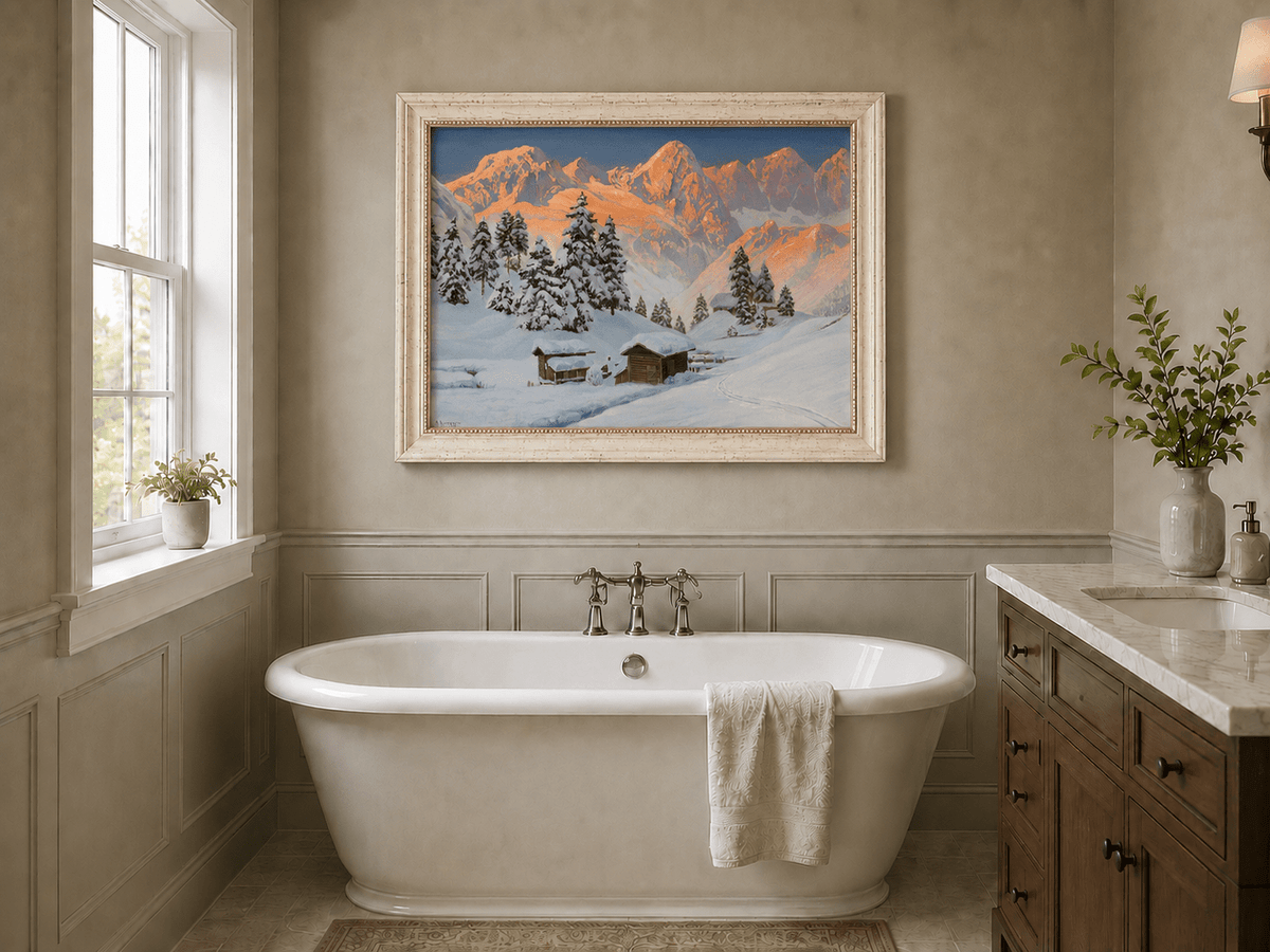 Framed hand-painted snowy mountain oil painting with alpine huts glowing at sunset displayed above a freestanding bathtub.