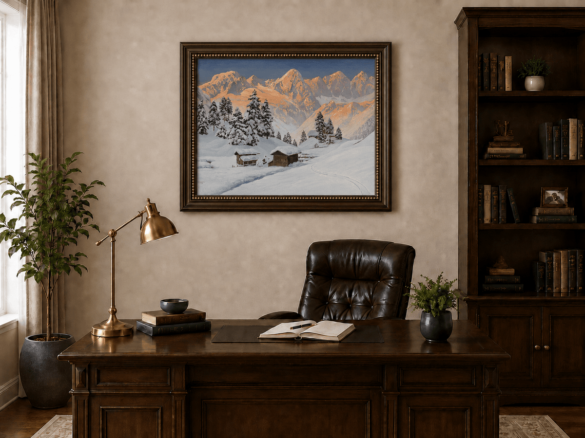 Framed hand-painted snowy mountain oil painting with alpine huts glowing at sunset displayed above a traditional home office desk.