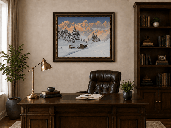 Framed hand-painted snowy mountain oil painting with alpine huts glowing at sunset displayed above a traditional home office desk.
