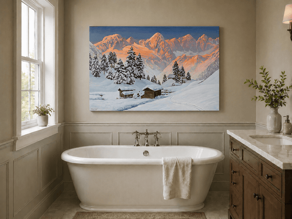 Unframed hand-painted snowy mountain oil painting with alpine huts glowing at sunset displayed above a freestanding bathtub.