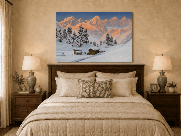 Unframed hand-painted snowy mountain oil painting with alpine huts glowing at sunset displayed above a wooden bed in a neutral bedroom.