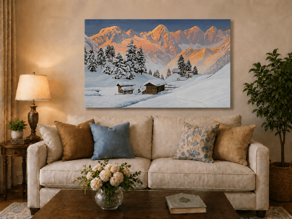 Unframed hand-painted snowy mountain oil painting with alpine huts glowing at sunset displayed above a neutral living room sofa.