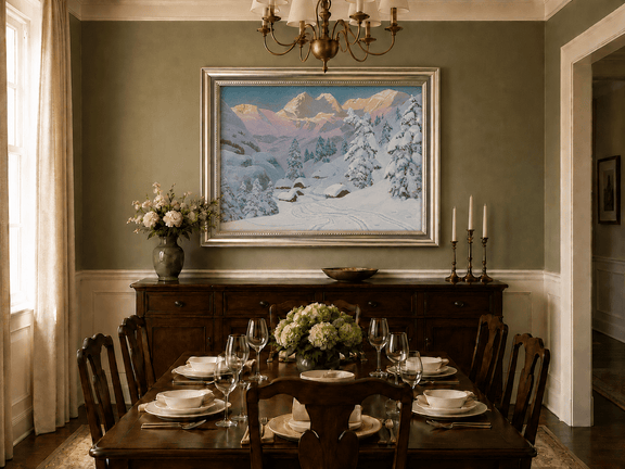Framed hand-painted winter mountain oil painting with snowy huts and tracks displayed above a formal dining table.
