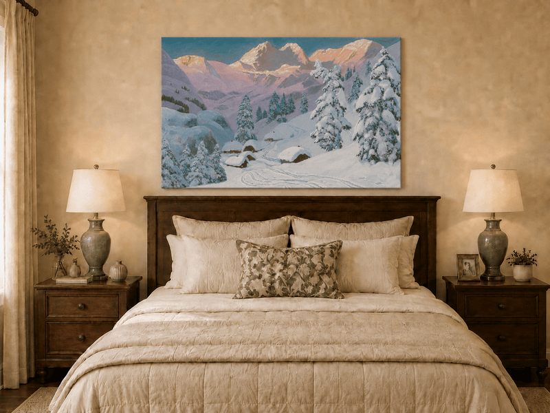 Unframed hand-painted winter mountain oil painting with snowy huts and tracks displayed above a wooden bed in a neutral bedroom.