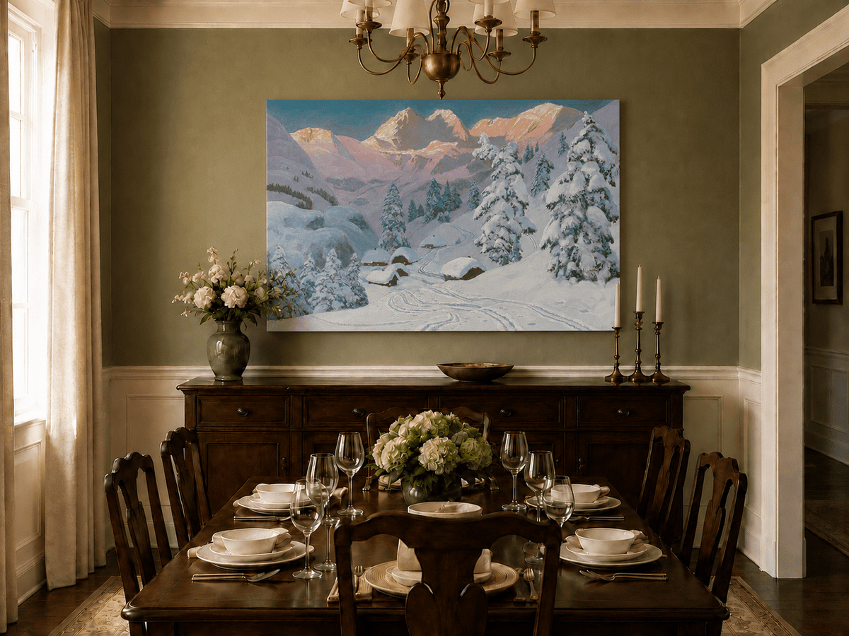 Unframed hand-painted winter mountain oil painting with snowy huts and tracks displayed above a formal dining table.