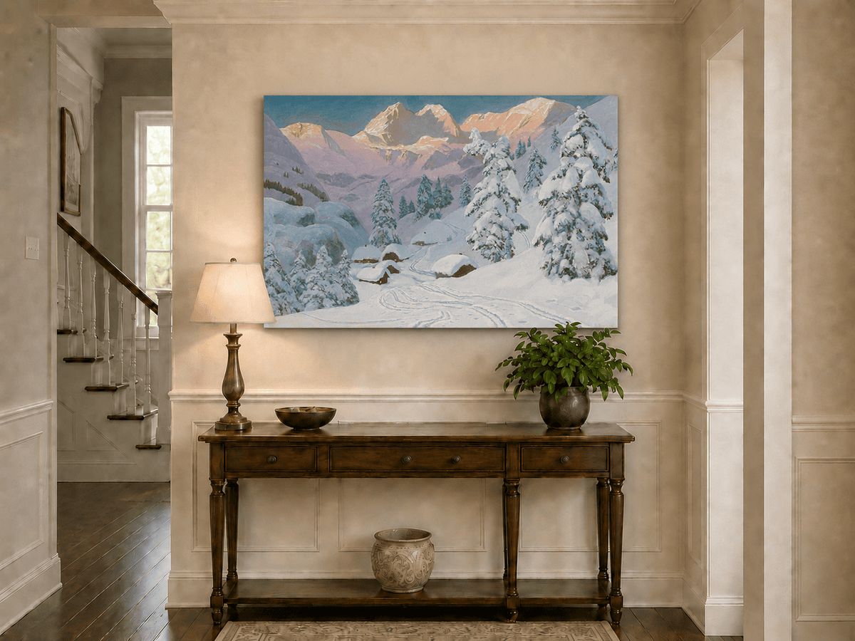 Unframed hand-painted winter mountain oil painting with snowy huts and tracks displayed above an entryway console table.