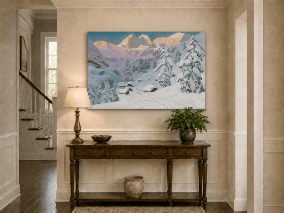 Unframed hand-painted winter mountain oil painting with snowy huts and tracks displayed above an entryway console table.