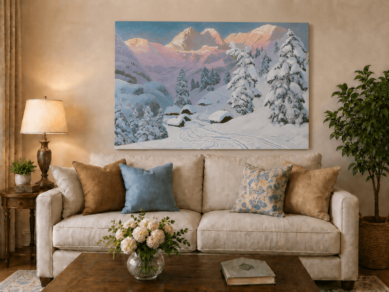 Unframed hand-painted winter mountain oil painting with snowy huts and tracks displayed above a neutral living room sofa.