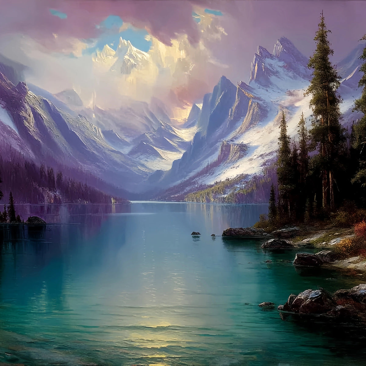 Snowy Mountain Lake Original Oil Painting For Sale - Oil Painting Haven