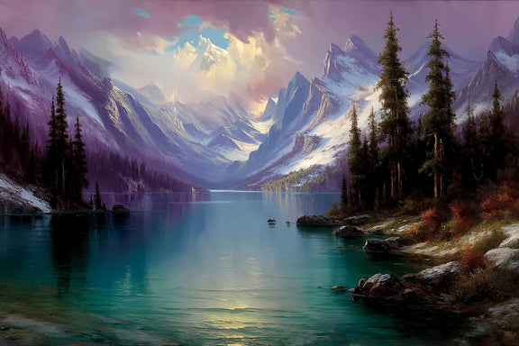 Snowy Mountain Lake Original Oil Painting For Sale - Oil Painting Haven