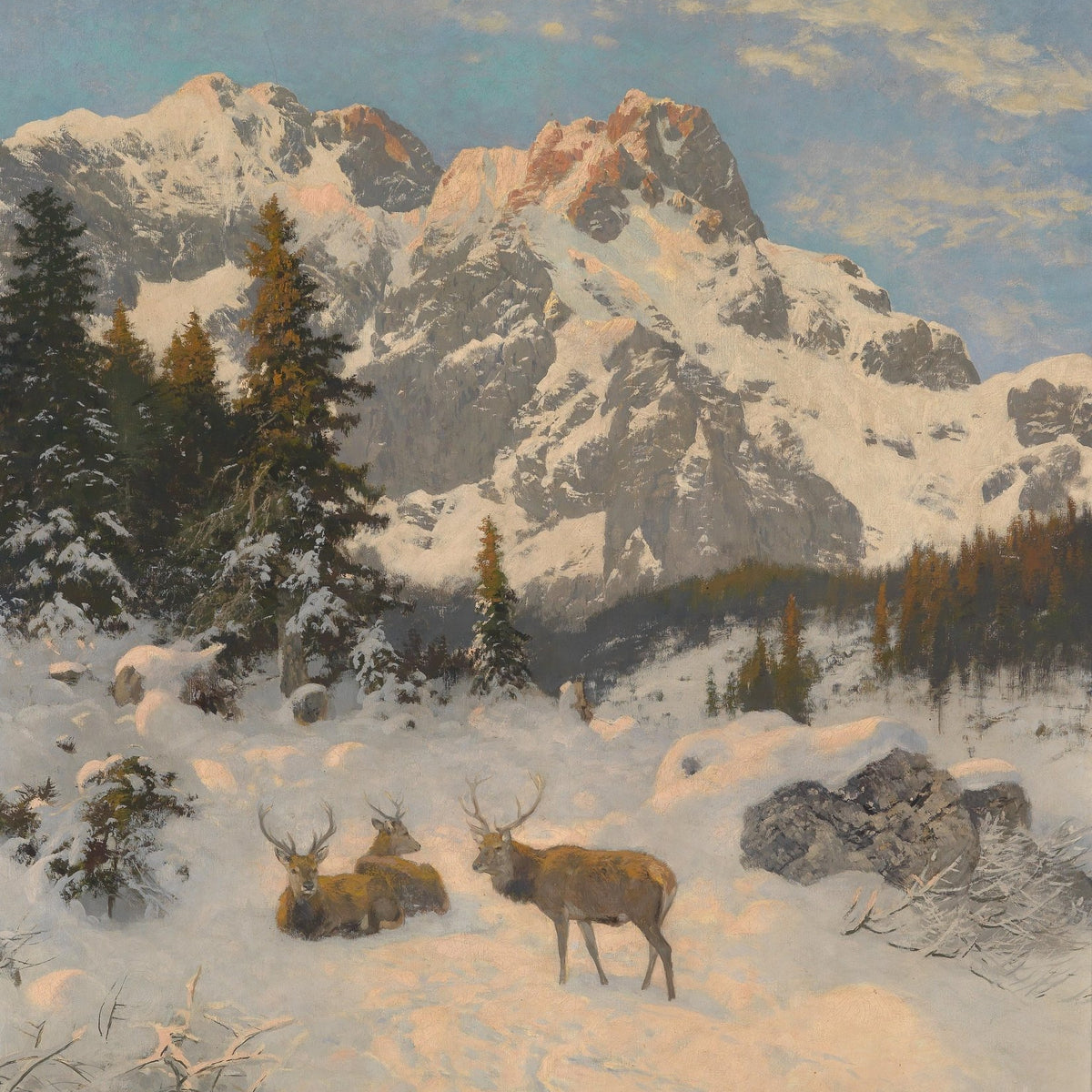 Snowy Mountain Landscape with Deer, Pines – Landscape Oil Painting - Oil Painting Haven