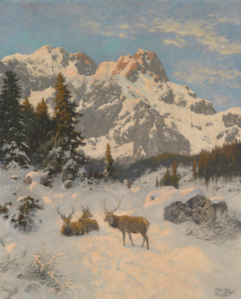 Snowy Mountain Landscape with Deer, Pines – Landscape Oil Painting - Oil Painting Haven