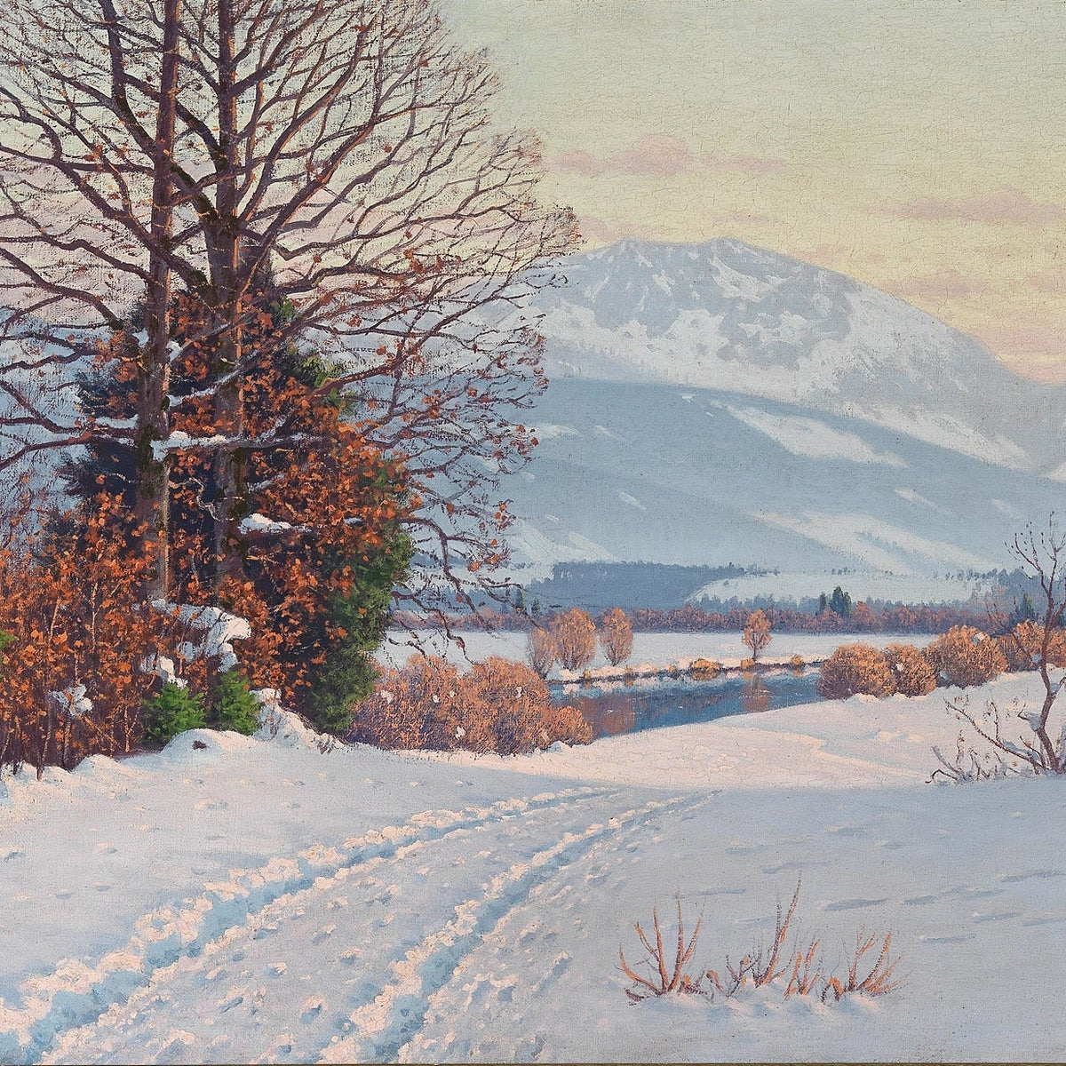 Snowy Mountain Path with Bare Trees at Dusk – Landscape Oil Painting - Oil Painting Haven