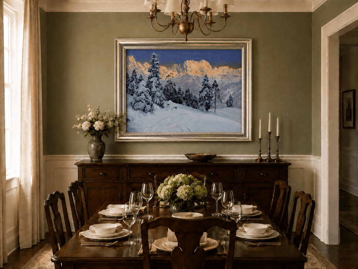 Framed hand-painted winter mountain oil painting with snow-covered pine trees and footprints displayed above a formal dining table.